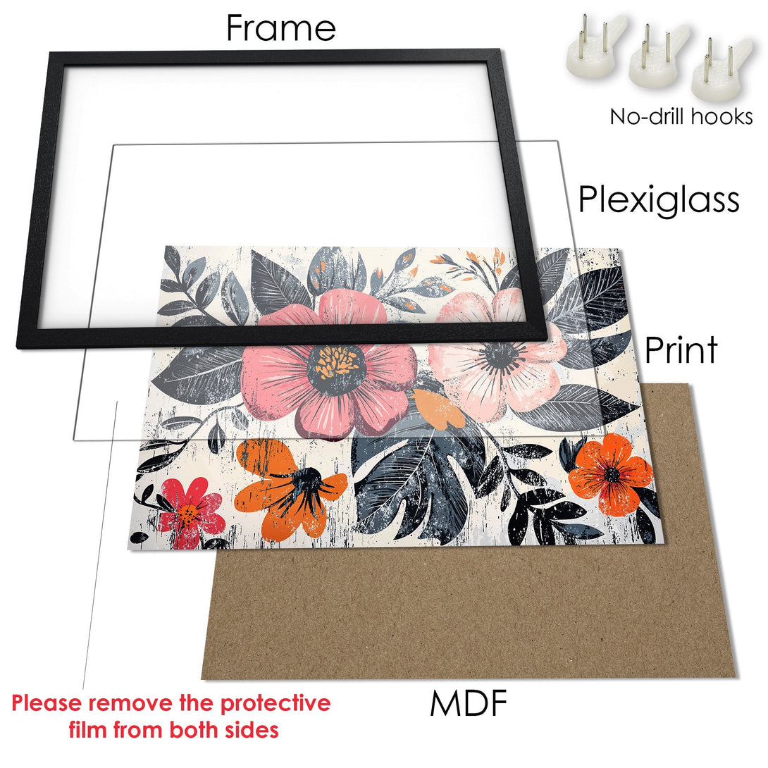 Framed Poster featuring floral art in a distressed style with a pink, orange, and gray color palette. Perfect wall decor!