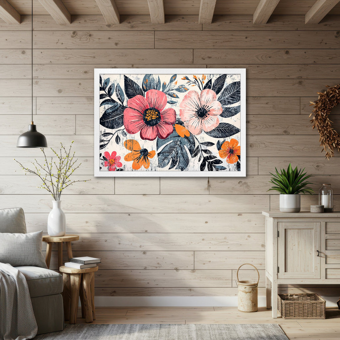 Framed Poster featuring a floral watercolor design with pink, orange, and blue hues, perfect for adding a touch of art to your home decor.