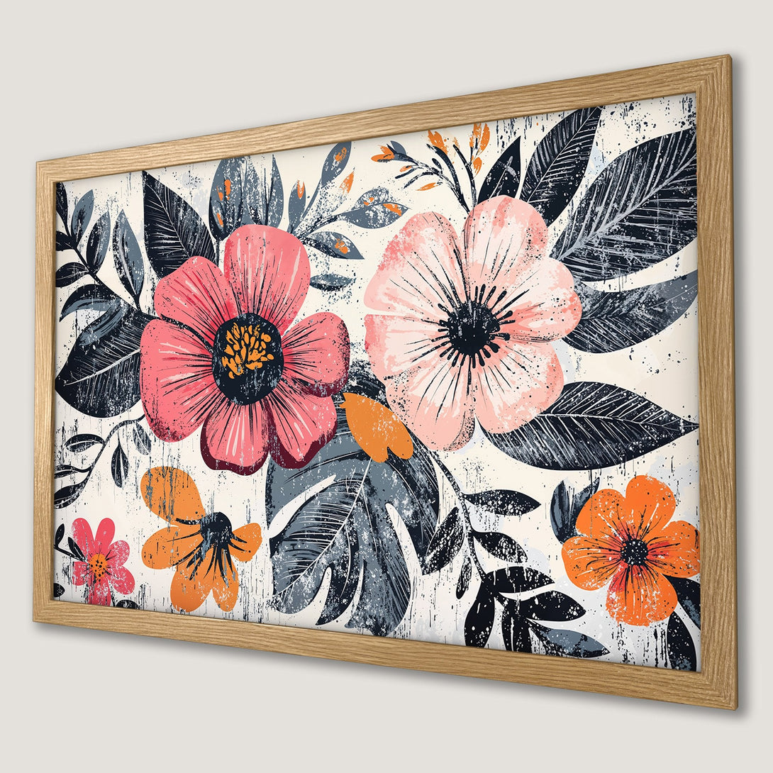 Framed Poster featuring floral art with a vintage style. Pink, orange, and gray flowers on a cream background. Perfect wall decor!