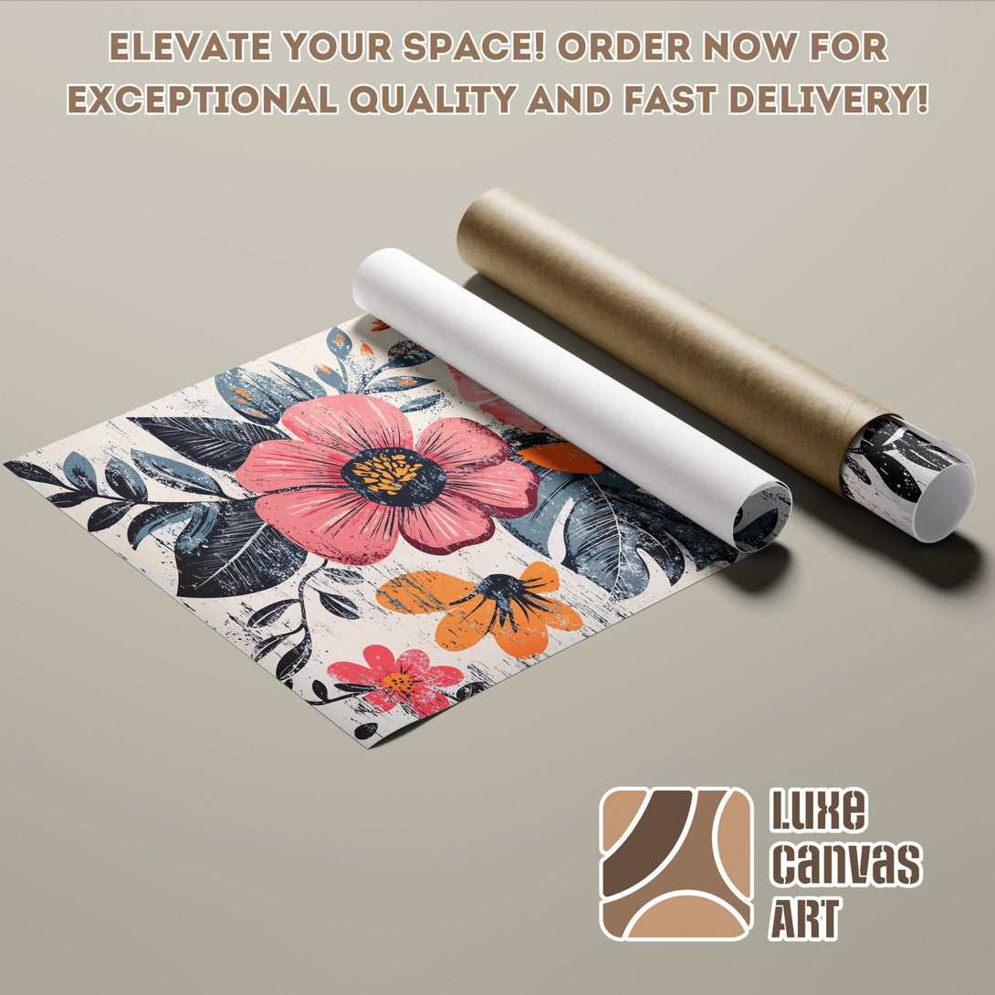 Floral Poster Roll art in pink, blue, and orange. Elevate your space with Luxe Canvas Art!