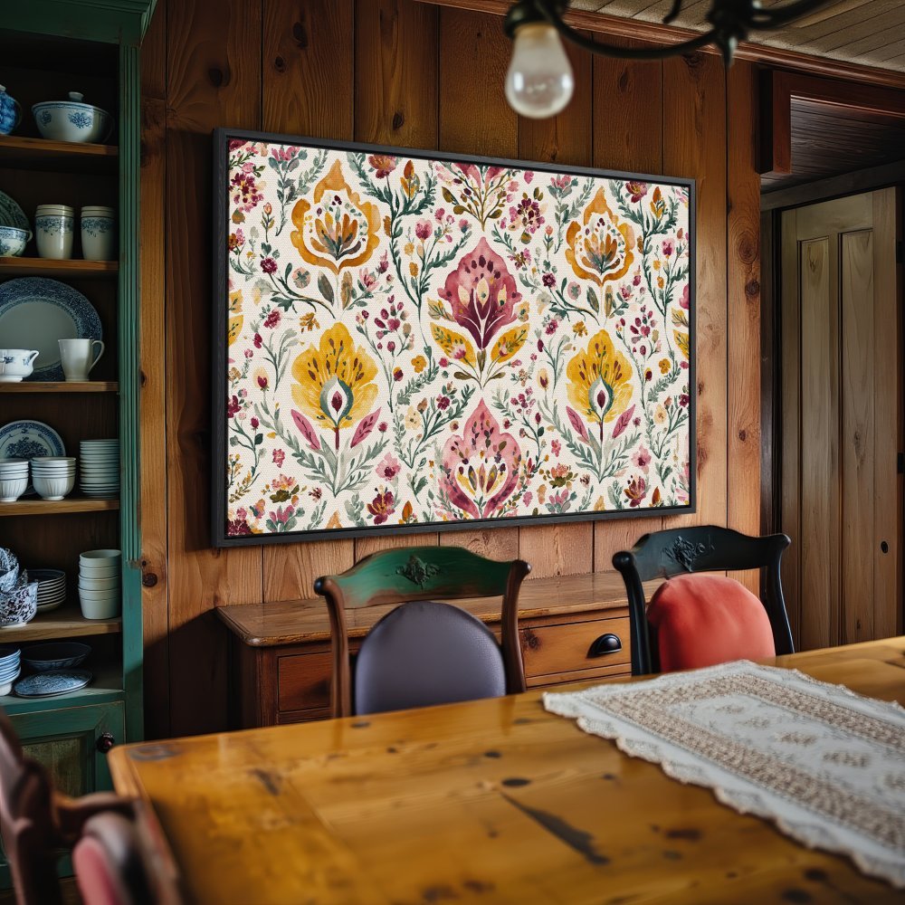 Framed Wall Art: Watercolor floral Canvas Print in yellow, pink, and green. Adds a touch of bohemian style to any space.