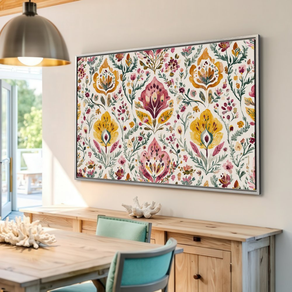 Framed Wall Art featuring a vibrant watercolor floral pattern in yellow, pink, and green. Perfect for adding a touch of bohemian style to your home!