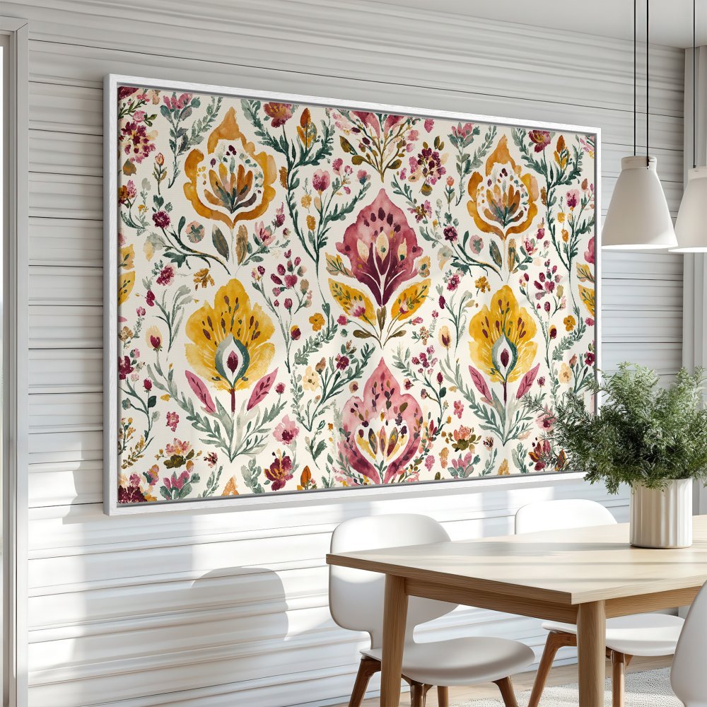 Framed Wall Art featuring a watercolor floral pattern in warm yellow, pink, and green hues. Perfect for adding a touch of elegance to your dining room.