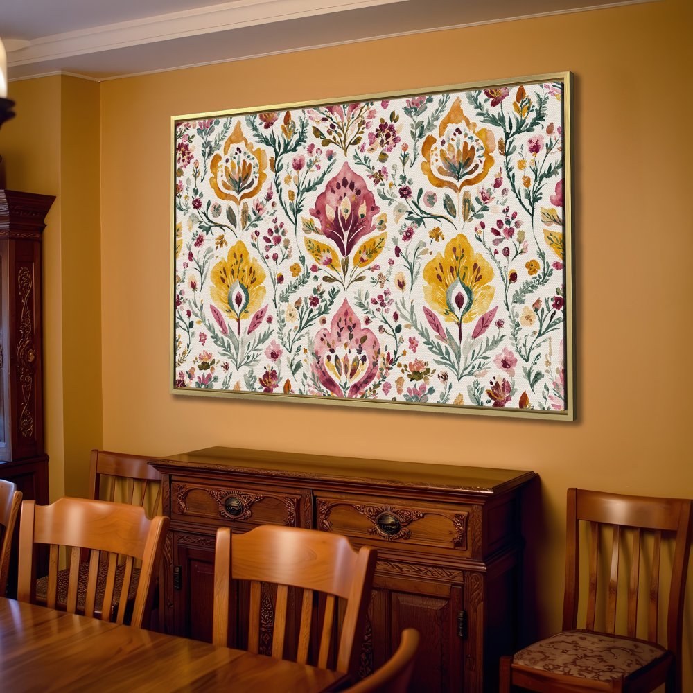Canvas Print featuring a floral watercolor pattern in yellow, burgundy, and green. Perfect for adding a touch of elegance to your home decor.