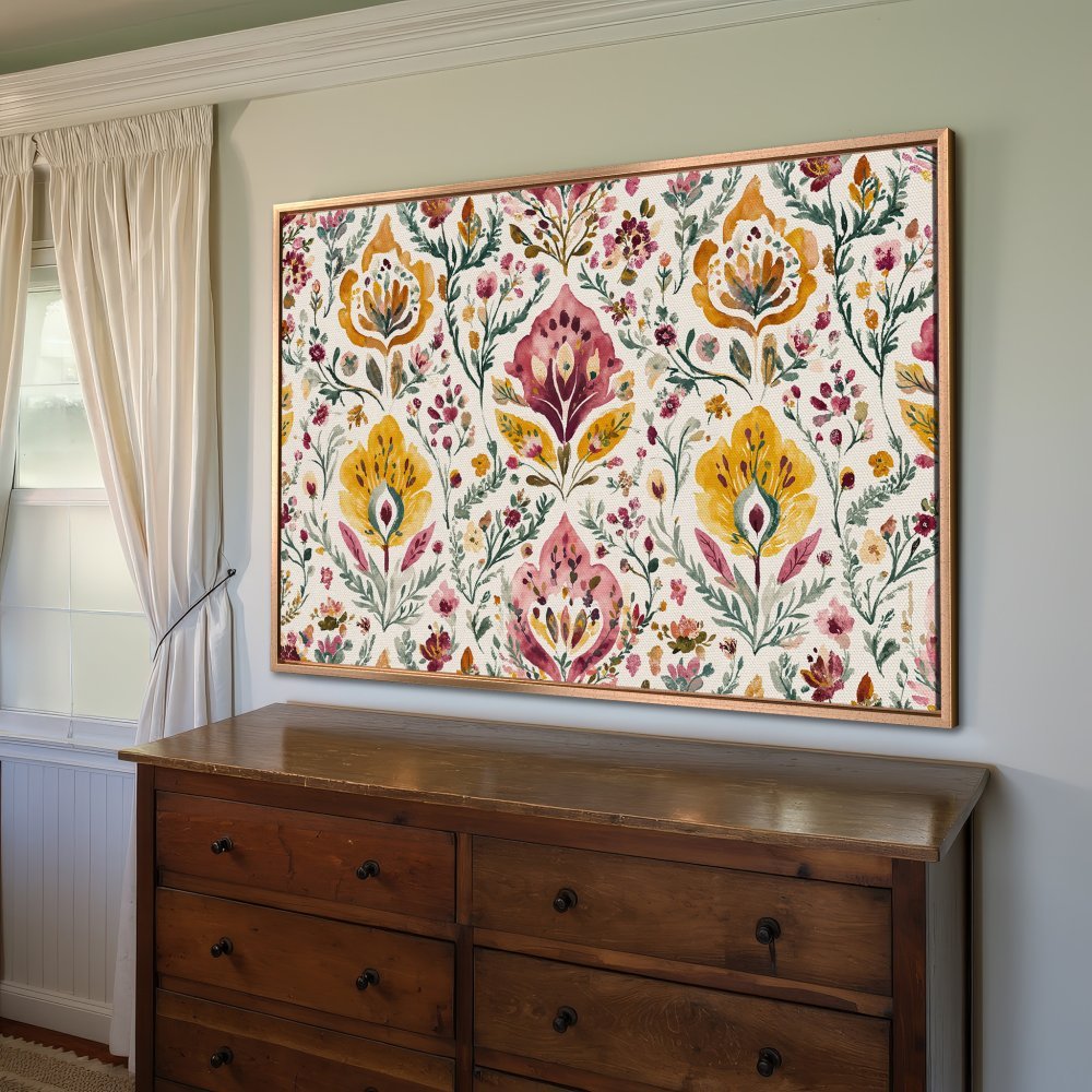 Framed Wall Art: Watercolor floral Canvas Print in warm yellow, pink, and green hues. Perfect for adding a touch of elegance to your home decor.