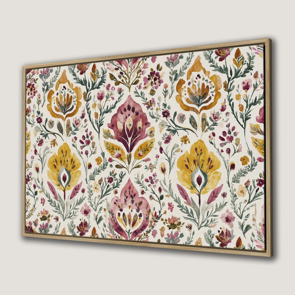 Framed Wall Art: Watercolor floral print in warm yellow, pink, and green hues. Perfect for adding a touch of elegance to any space.