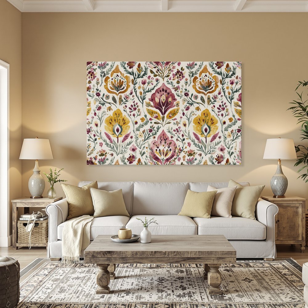 Framed Wall Art: Watercolor floral pattern canvas print in warm yellow, pink, and green hues. Perfect for adding a touch of elegance to your dining room.