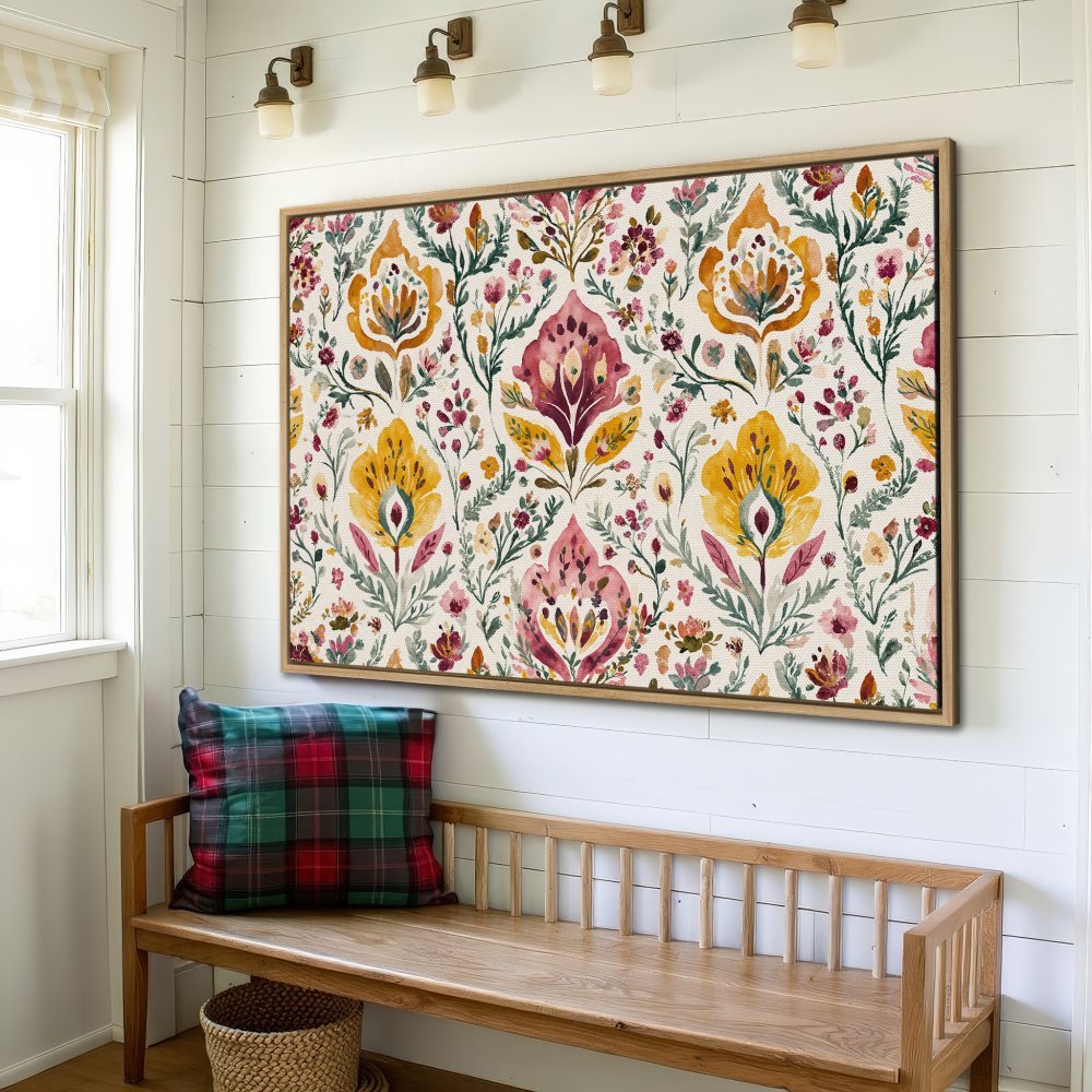 Framed Wall Art: Watercolor floral print in warm yellow, pink, and green hues. Perfect for adding a touch of bohemian style to your home decor.