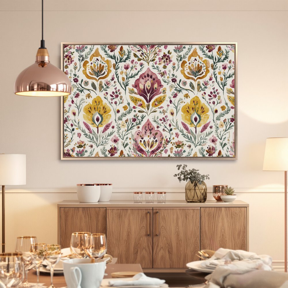 Framed Wall Art: Watercolor floral print in yellow, purple, and green. Boho style canvas print perfect for dining room decor.