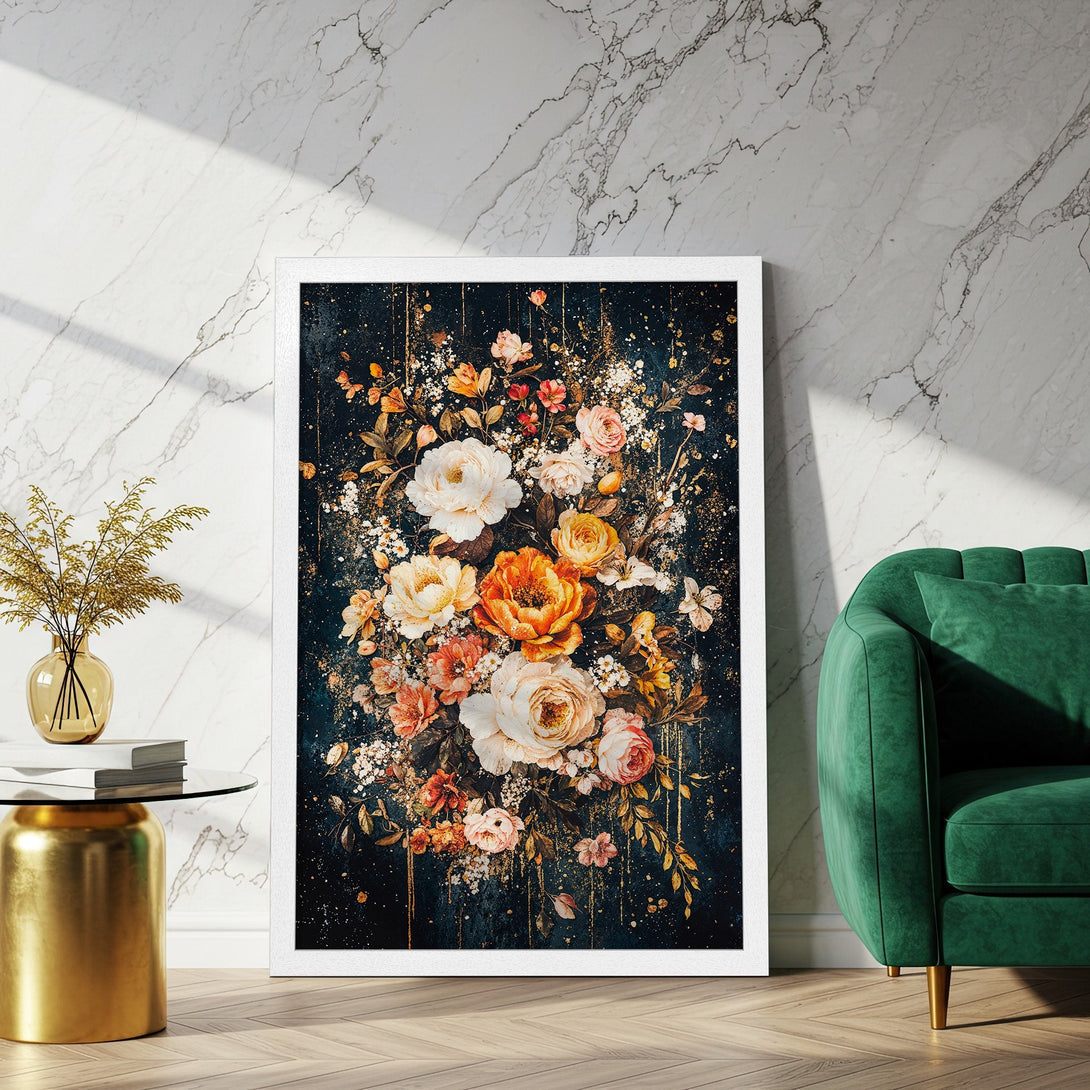 Framed Poster featuring a floral bouquet in a dark, moody style with warm, golden and peach tones. Perfect wall art!