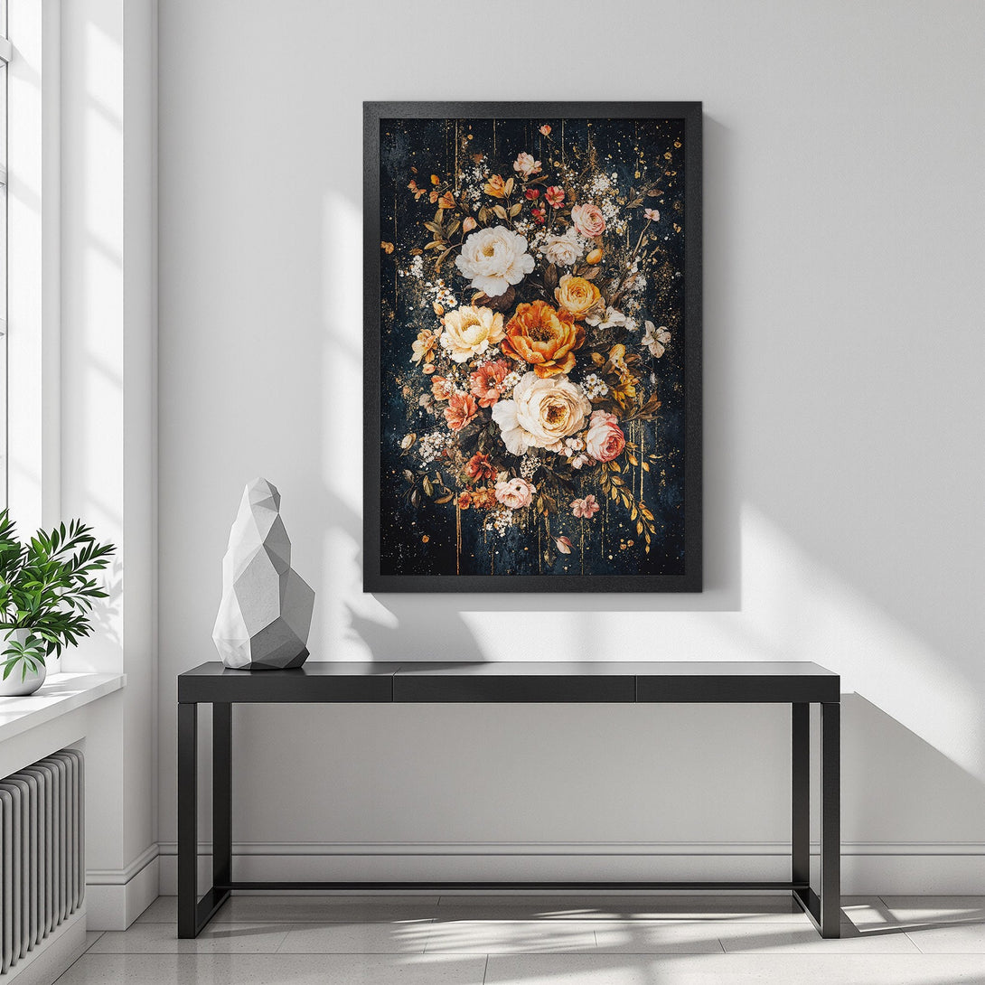 Framed Poster featuring a floral bouquet in a dark, moody style with warm orange, pink, and gold tones. Perfect wall art!