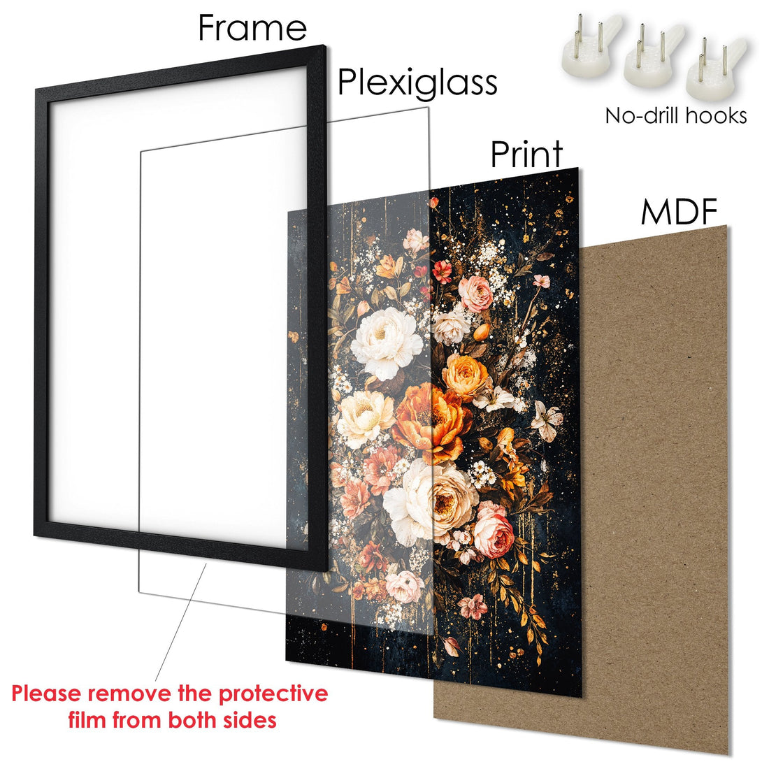 Framed Poster featuring a floral design in a dark, moody style with a warm color palette. Perfect wall art for any space.