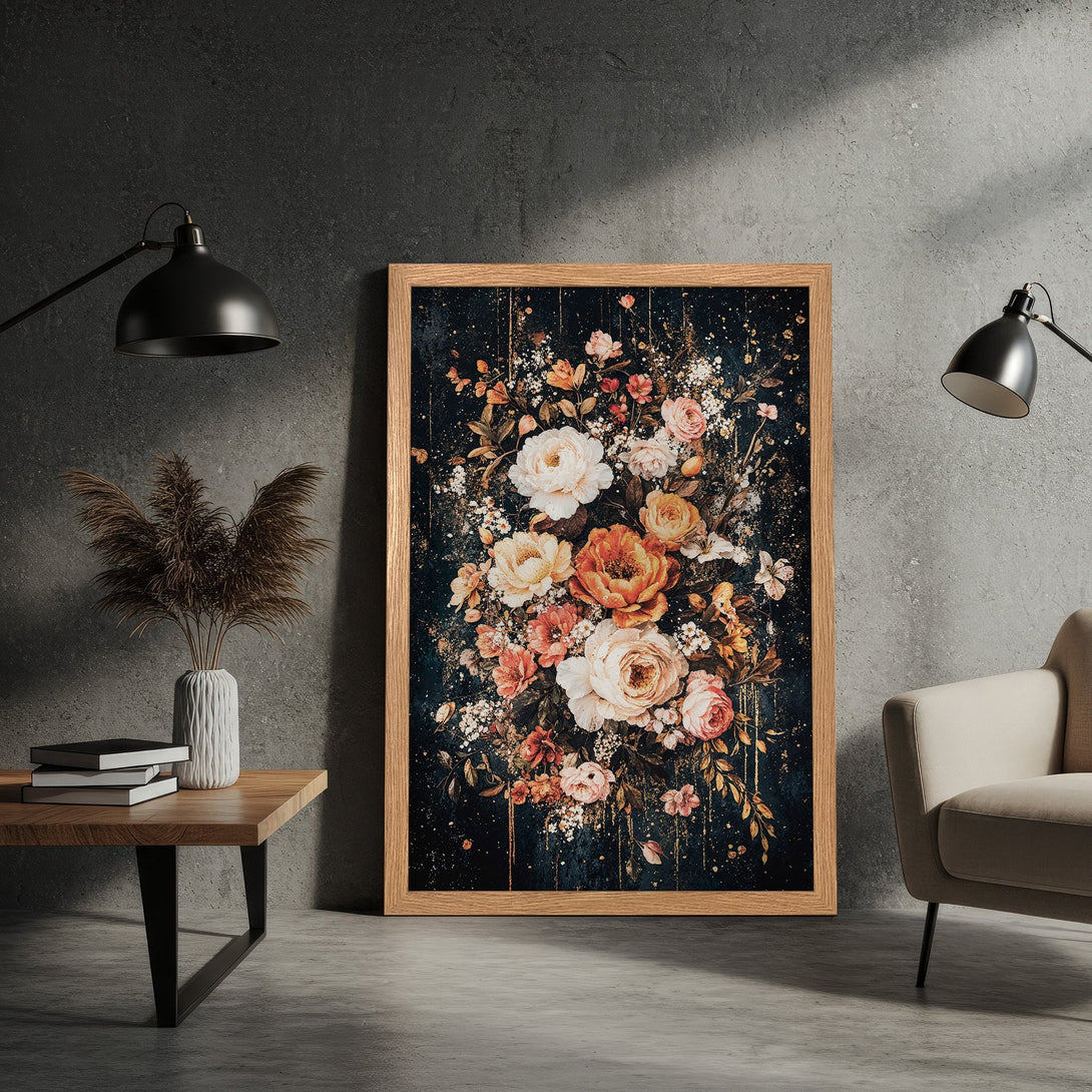 Framed Poster featuring a floral bouquet art print. Romantic style with a dark, moody background and warm, earthy color palette.