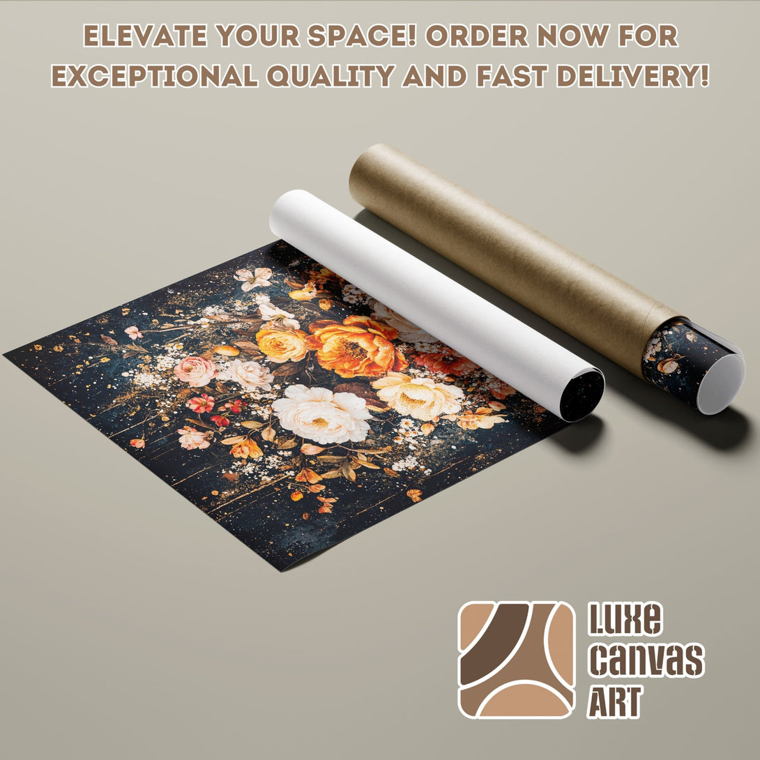 Floral art poster roll in dark blue, gold, and peach tones. Elevate your space with this stunning Poster!
