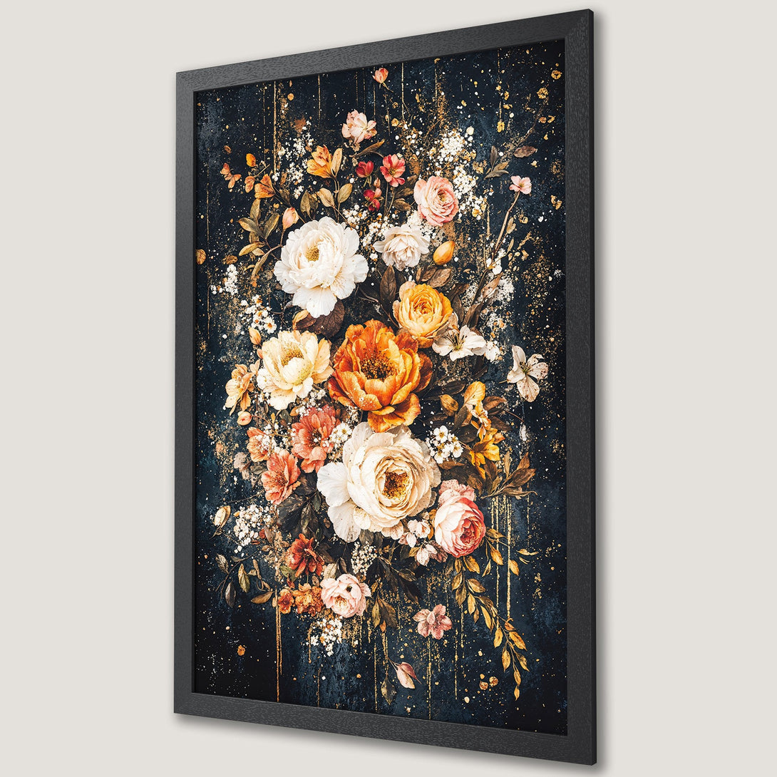 Framed Poster featuring a stunning floral bouquet in a vintage style with a dark blue and gold color palette. Perfect wall art!