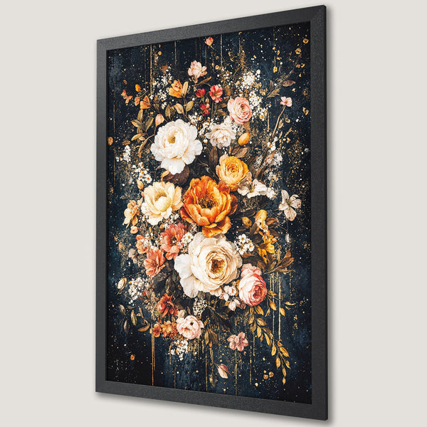 Framed Poster featuring a stunning floral bouquet in a vintage style with a dark blue and gold color palette. Perfect wall art!