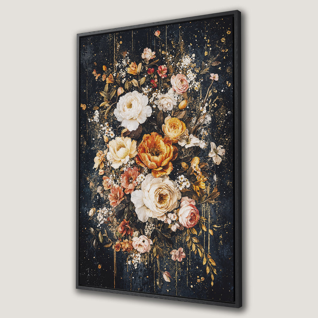 Framed Wall Art featuring a stunning floral bouquet in a dark, moody style with a warm, golden and blush color palette. Perfect for adding elegance to any space.