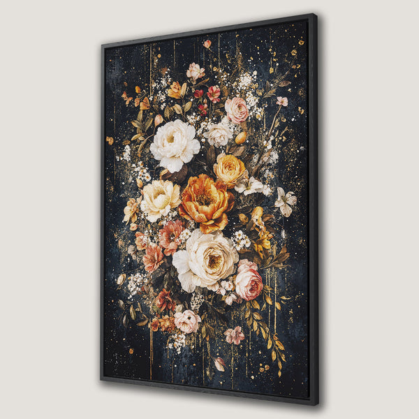 Framed Wall Art featuring a stunning floral bouquet in a dark, moody style with a warm, golden and blush color palette. Perfect for adding elegance to any space.