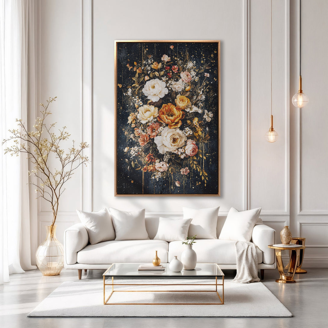 Framed Wall Art: Stunning floral canvas print in a luxurious living room setting. Features a dark, moody background with warm, golden and blush tones.