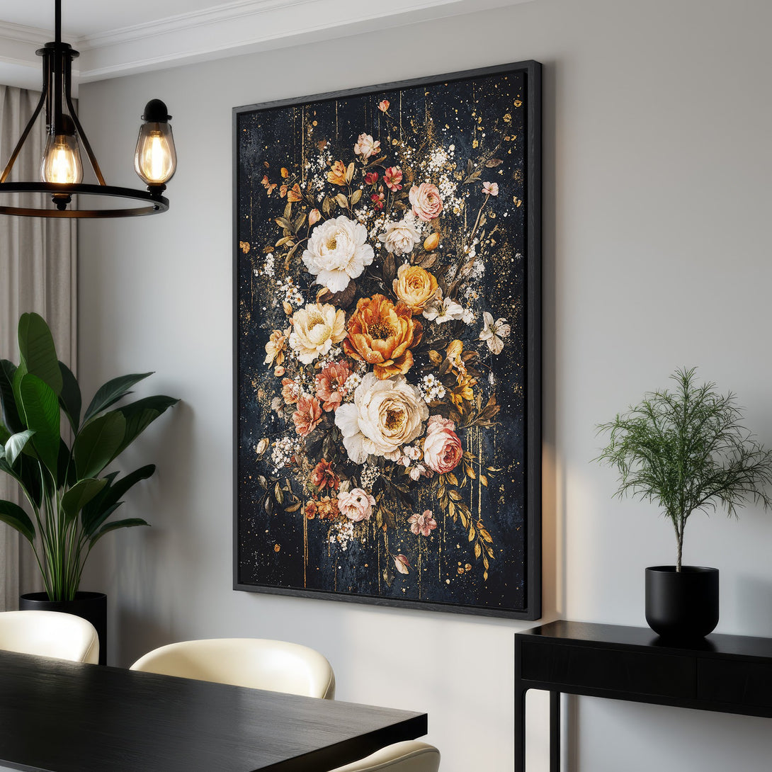 Framed Wall Art: Elegant floral Canvas Print in a moody, dark color palette with gold accents. Perfect for adding a touch of sophistication to any space.