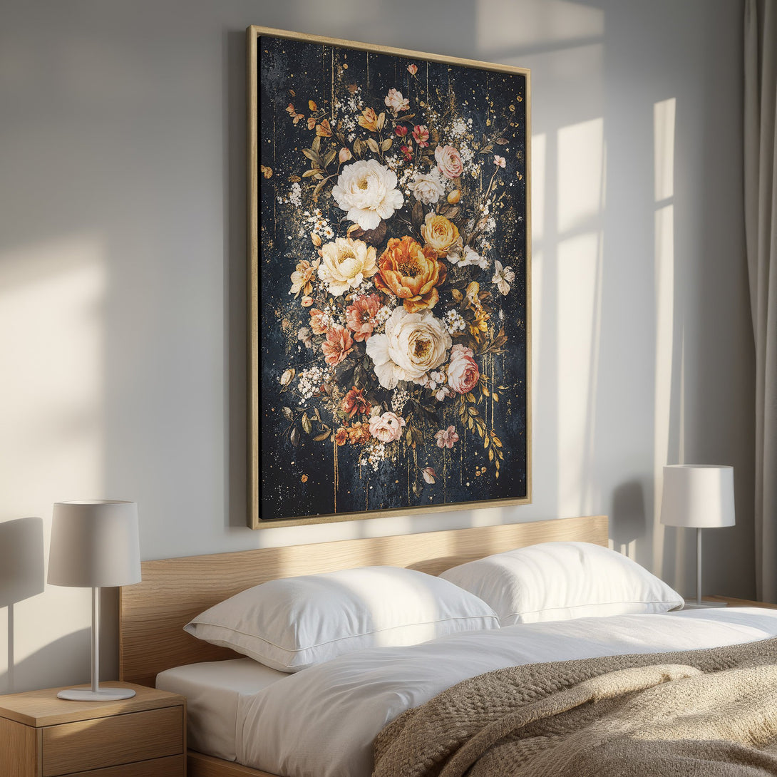 Framed Wall Art: Elegant floral Canvas Print in a moody, vintage style. Features a dark blue background with gold accents and warm, neutral flower colors.