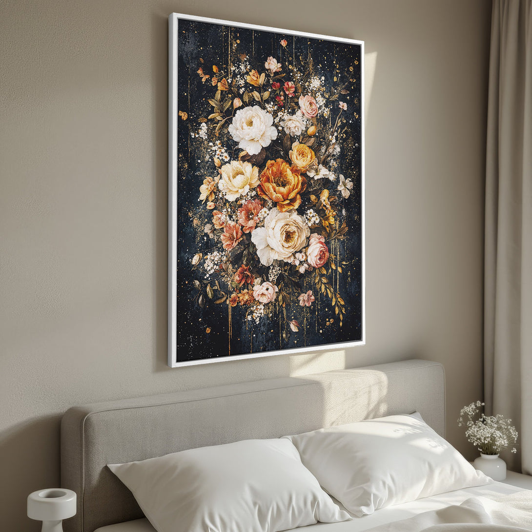 Framed Wall Art featuring a floral bouquet in a dark, moody style with a warm color palette of white, orange, and pink. Perfect for bedroom decor!