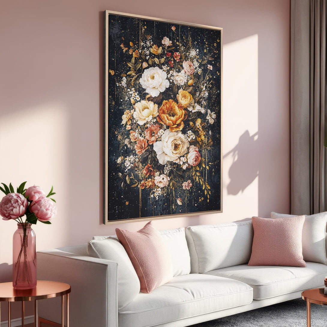 Framed Wall Art: Stunning floral Canvas Print with a dark, moody background and vibrant blooms. Features a romantic, vintage style with a warm, inviting color palette.