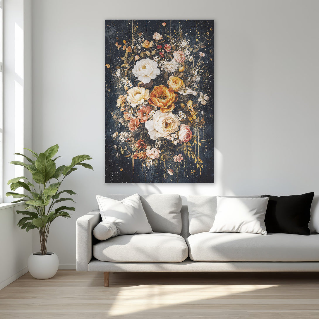 Framed Wall Art: Elegant floral canvas print with a dark, moody background. Features a warm, romantic color palette of creams, oranges, and pinks. Perfect for bedroom decor.