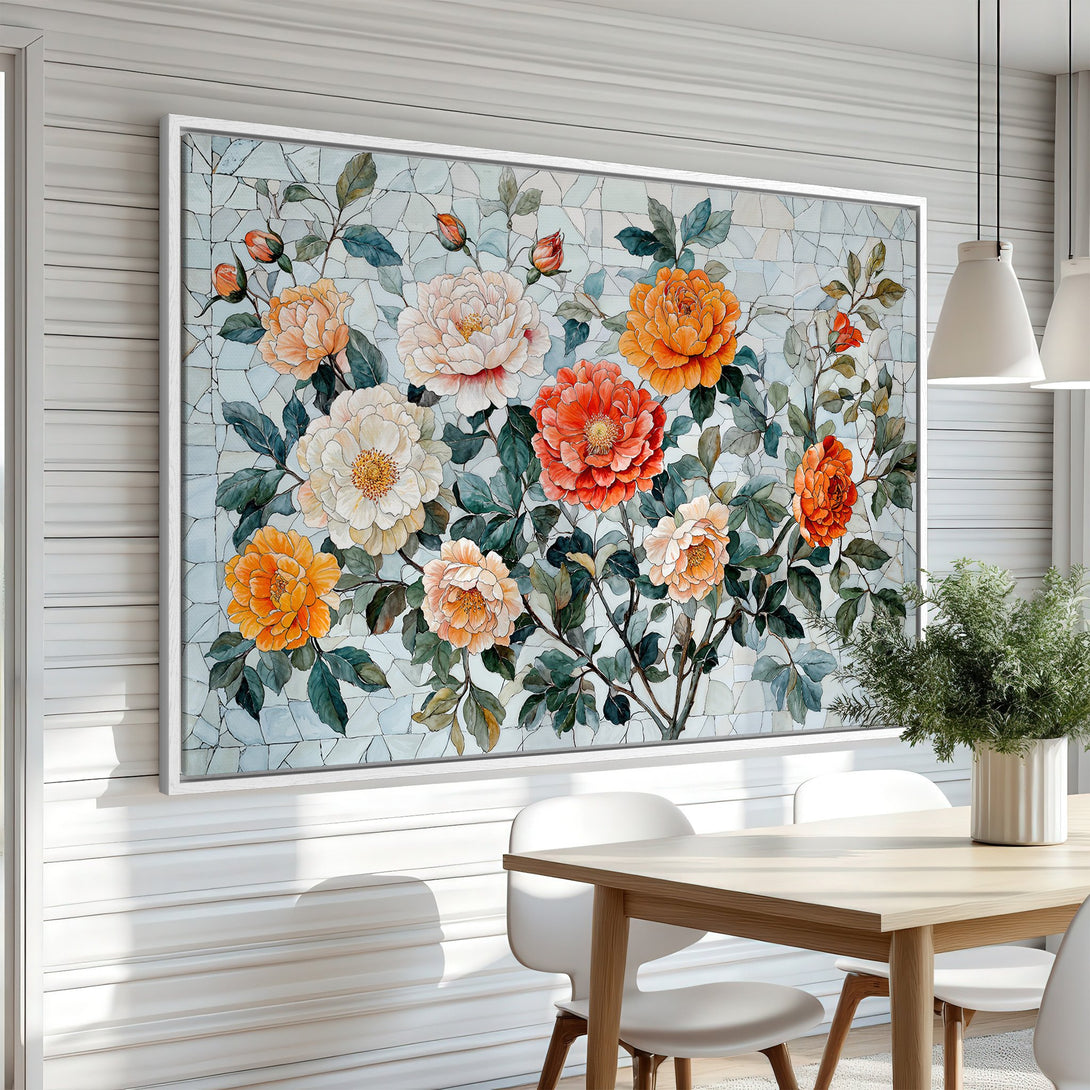 Framed Wall Art featuring vibrant floral watercolor painting in warm orange and white hues. Adds a touch of elegance to any dining room.