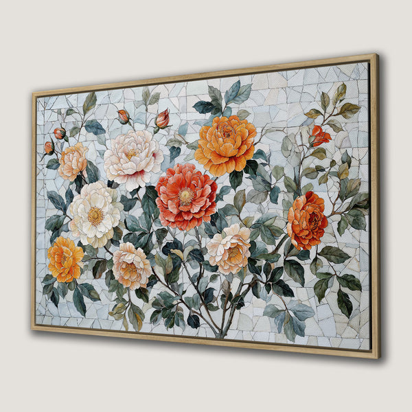 Framed Wall Art: Watercolor floral print with orange, peach, and white flowers. Adds a touch of elegance and color to any space.
