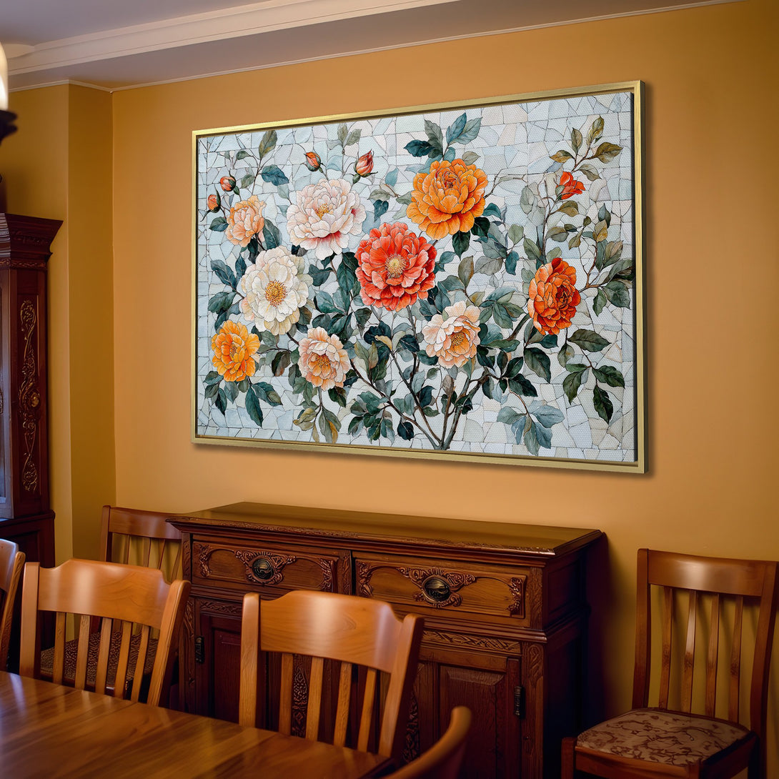 Canvas Print featuring vibrant floral art in warm orange and cream tones, perfect for adding a touch of elegance to your living room decor.