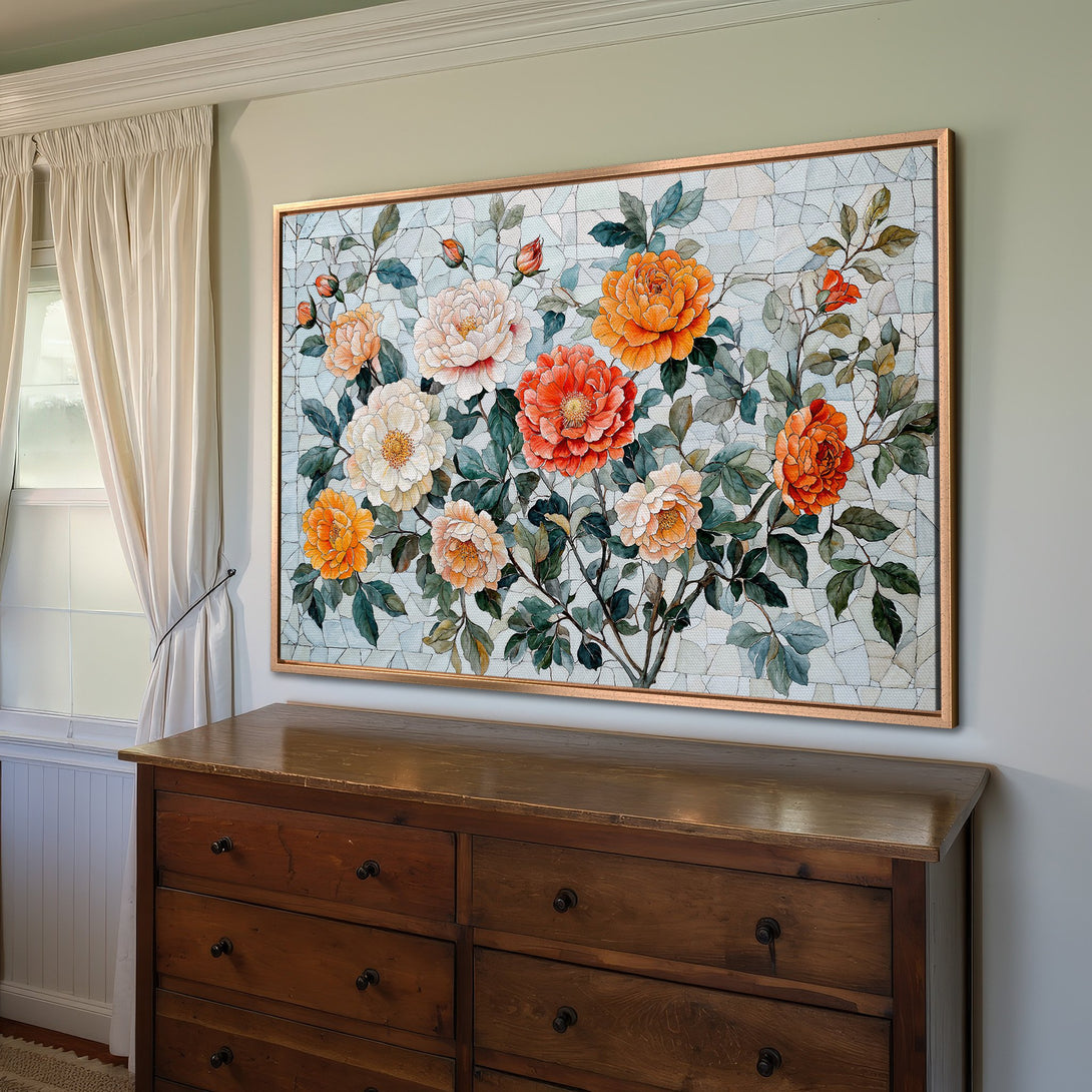 Framed Wall Art: Floral canvas print with orange, red, and white flowers. Perfect home decor with a warm, inviting color palette.