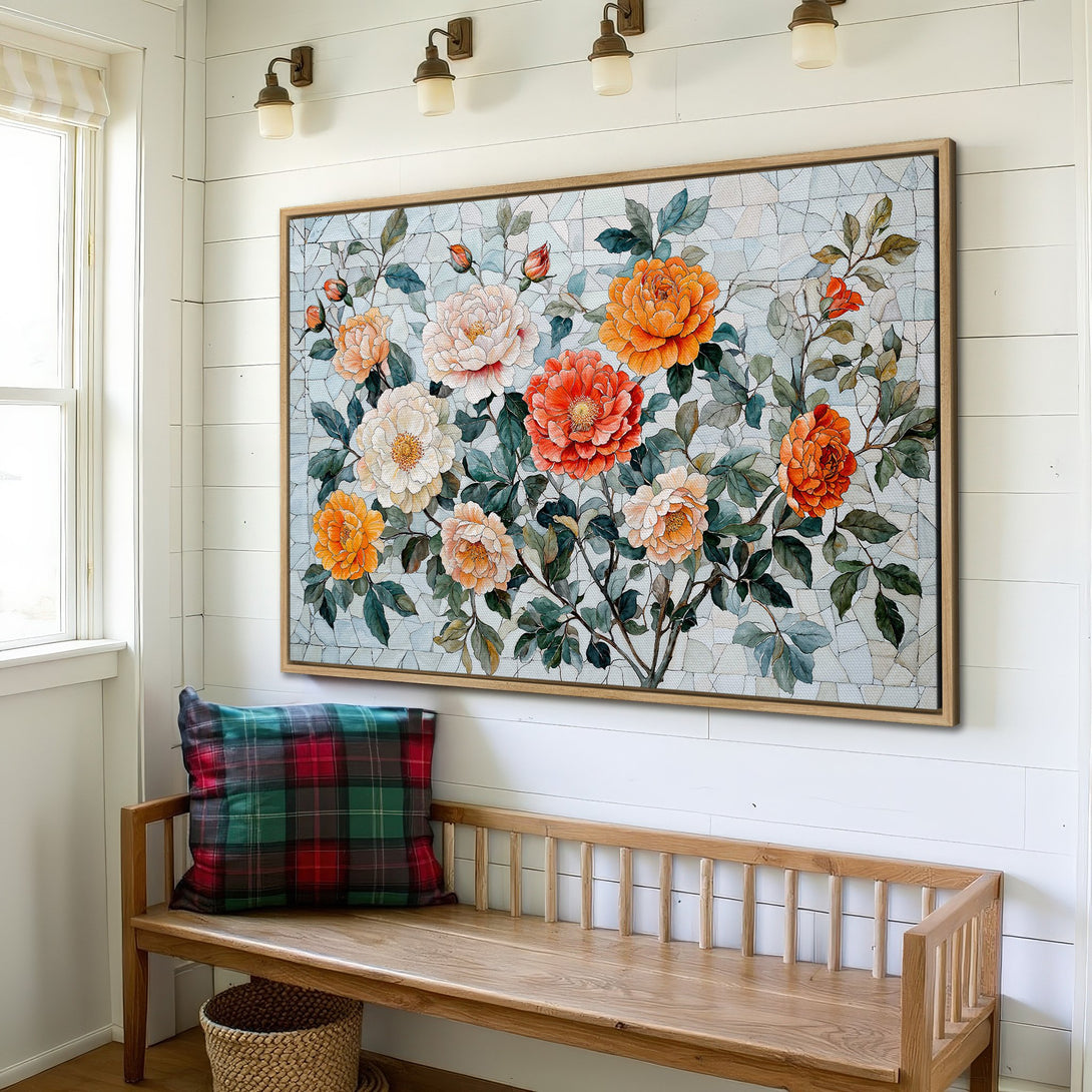 Framed Wall Art: Floral canvas print in warm orange and white tones. Watercolor style art adds a touch of elegance to any interior.