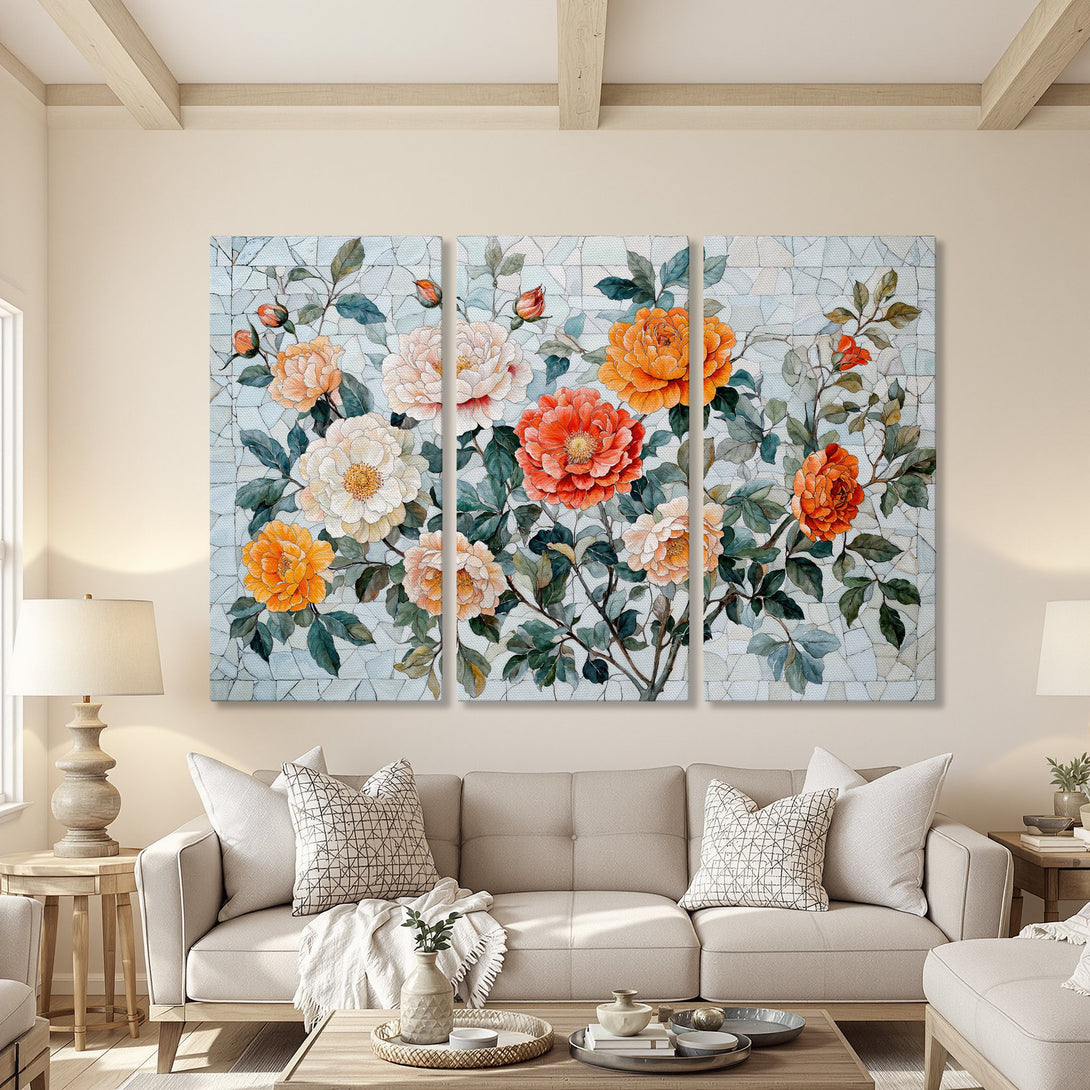 Canvas Print featuring vibrant floral artwork in warm orange, white, and green hues. Modern botanical style wall art adds a touch of elegance to any living room.
