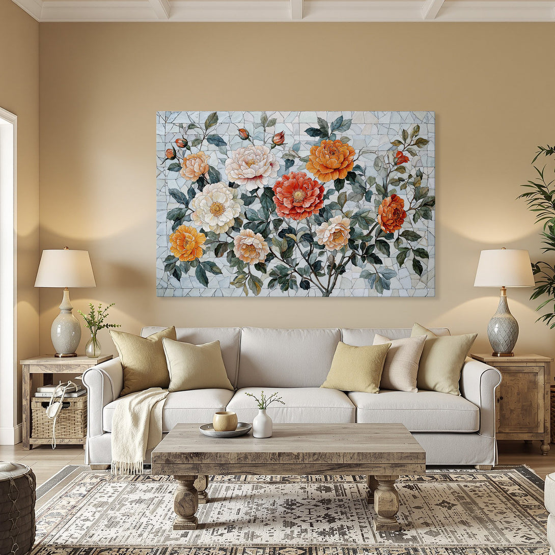 Framed Wall Art featuring vibrant floral art in warm orange and cream tones. Adds elegance and color to any dining room. Shop now!