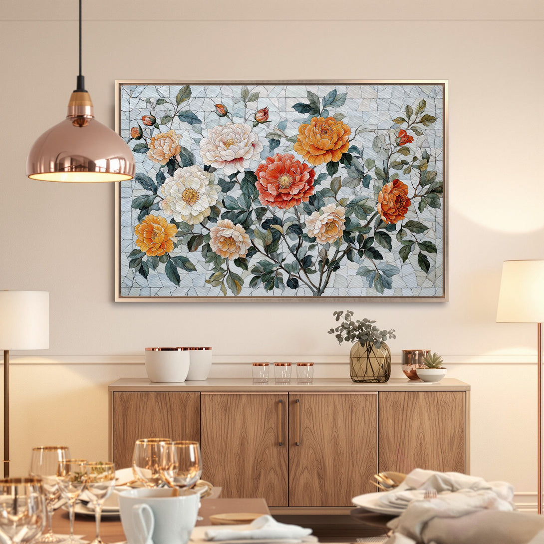 Framed Wall Art: Floral mosaic canvas print in warm orange and cream tones, perfect for adding a touch of elegance to your dining room decor.