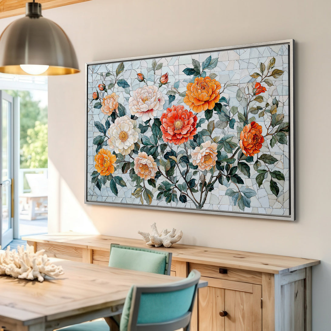 Framed Wall Art featuring vibrant floral design in orange and white hues. Adds a touch of elegance to any interior. Shop now!