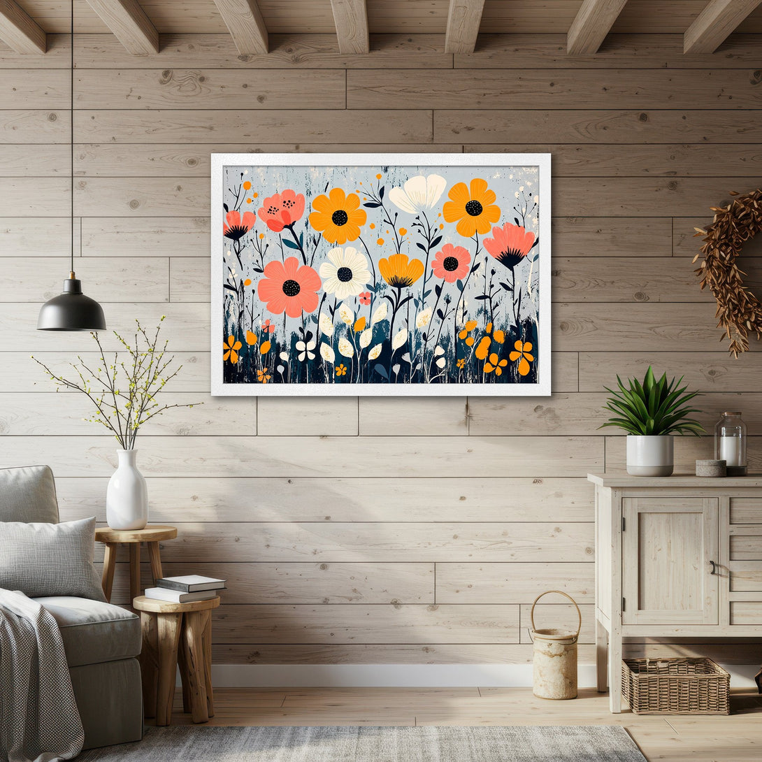 Framed Poster featuring a vibrant floral design with orange, pink, and blue hues. Modern art style, perfect wall decor.