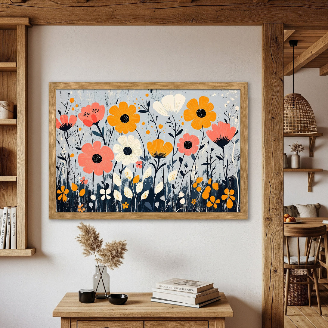 Framed Poster featuring vibrant floral art in a whimsical style with a warm color palette of orange, pink, and blue. Perfect wall decor!