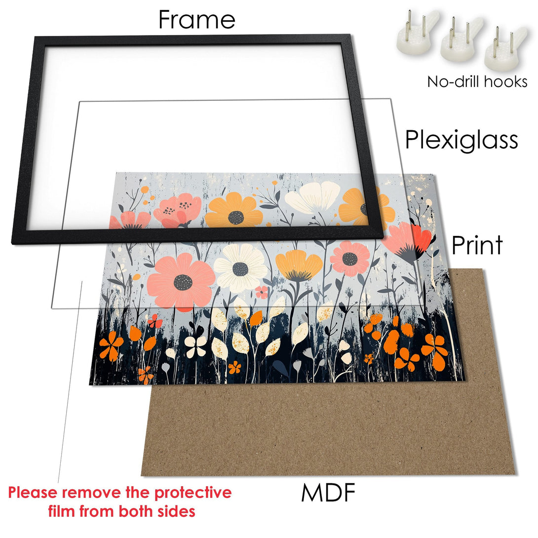 Framed Poster featuring a floral design in a modern style with a soft color palette. Perfect wall art!