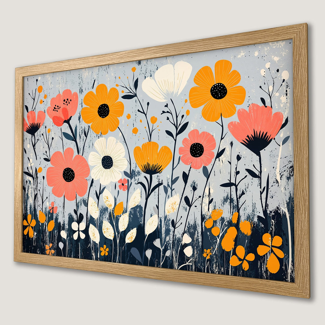 Framed Poster featuring vibrant floral art in orange, pink, and white on a blue-gray background. Modern botanical style.