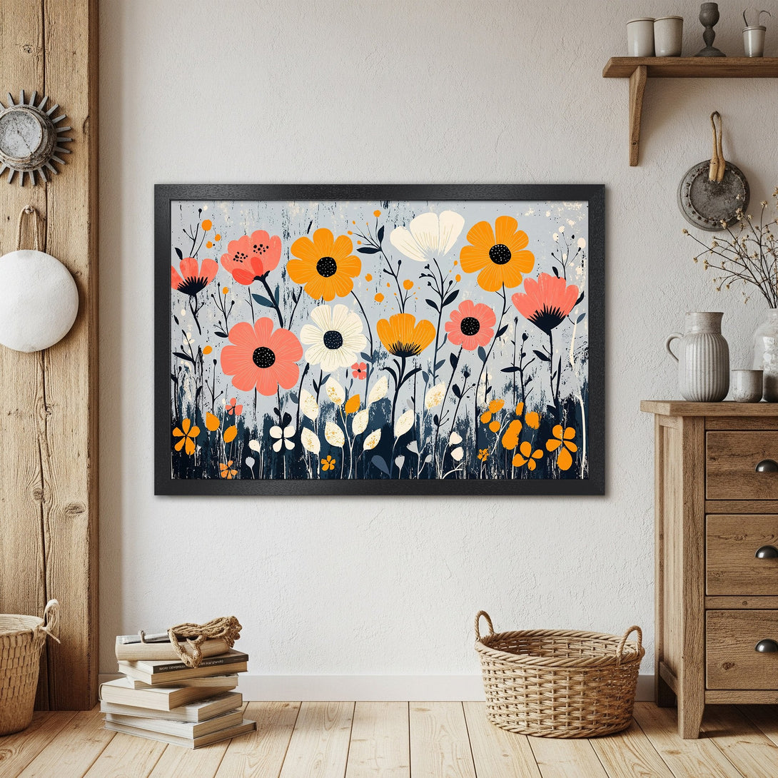 Framed Poster featuring vibrant floral art in a modern style with a warm, inviting color palette. Perfect wall decor!