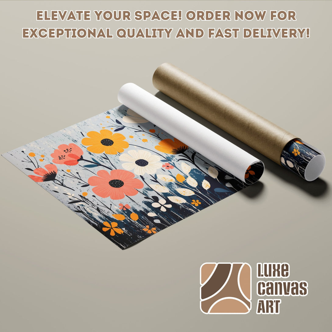 Floral Poster Roll, modern art print with orange, yellow, and blue color palette. Elevate your space!