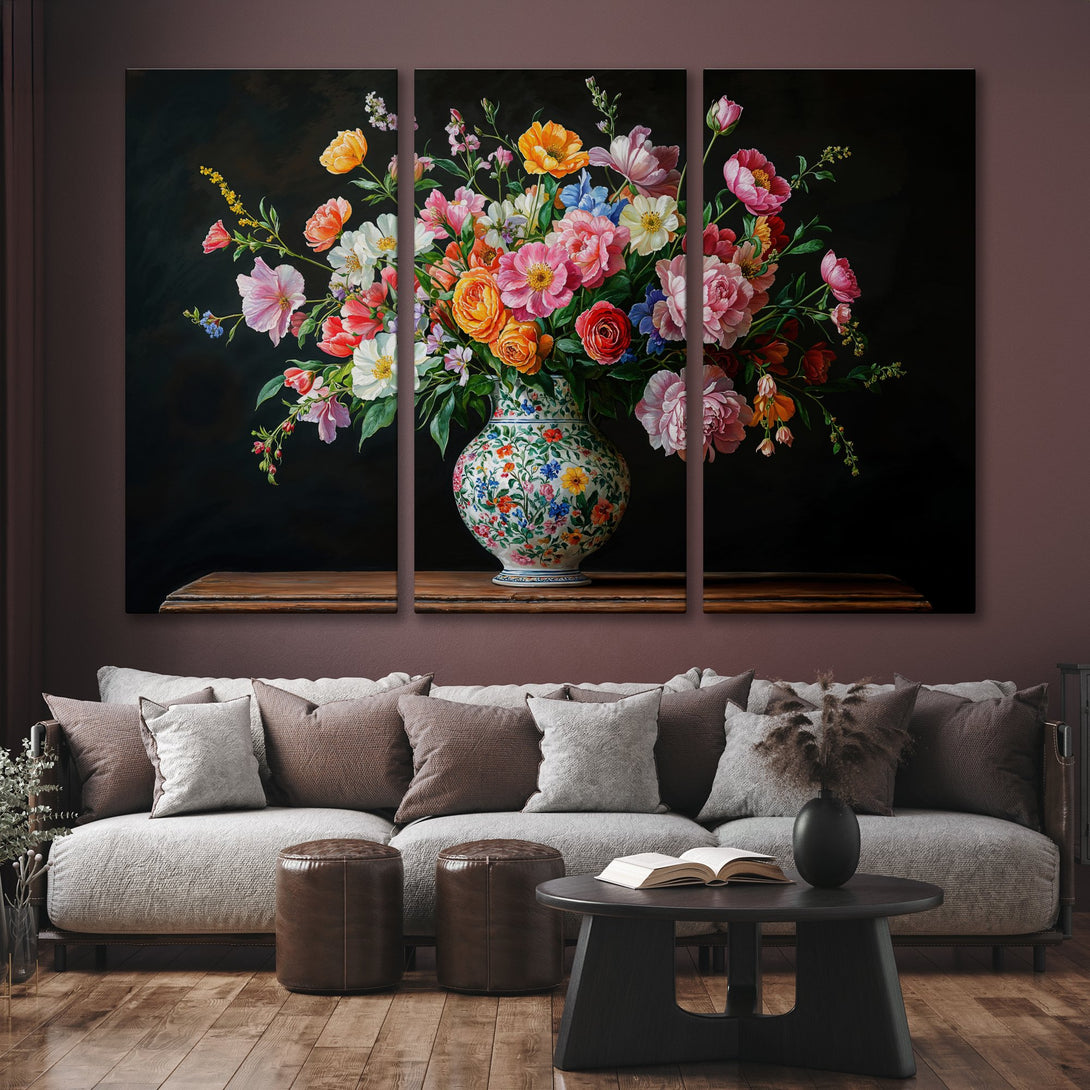 Canvas Print of a vibrant floral arrangement in a vase, displayed in a living room. Features a rich, colorful palette on a dark background.