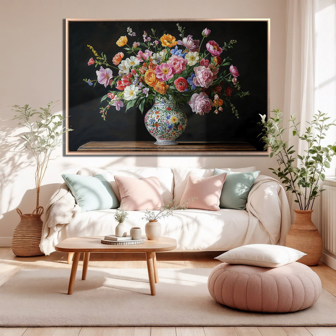 Framed Wall Art of a vibrant floral still life in a vase, with a dark background. Features a warm, colorful palette perfect for living room decor.