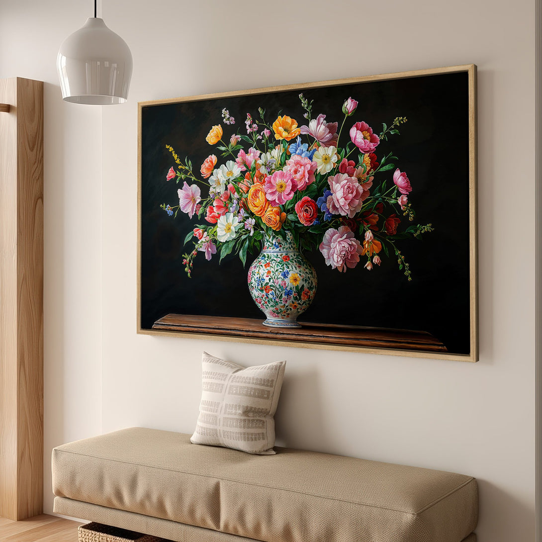 Framed Wall Art: Vibrant floral still life painting with a dark background. Featuring colorful blooms in a classic style, perfect for home decor.