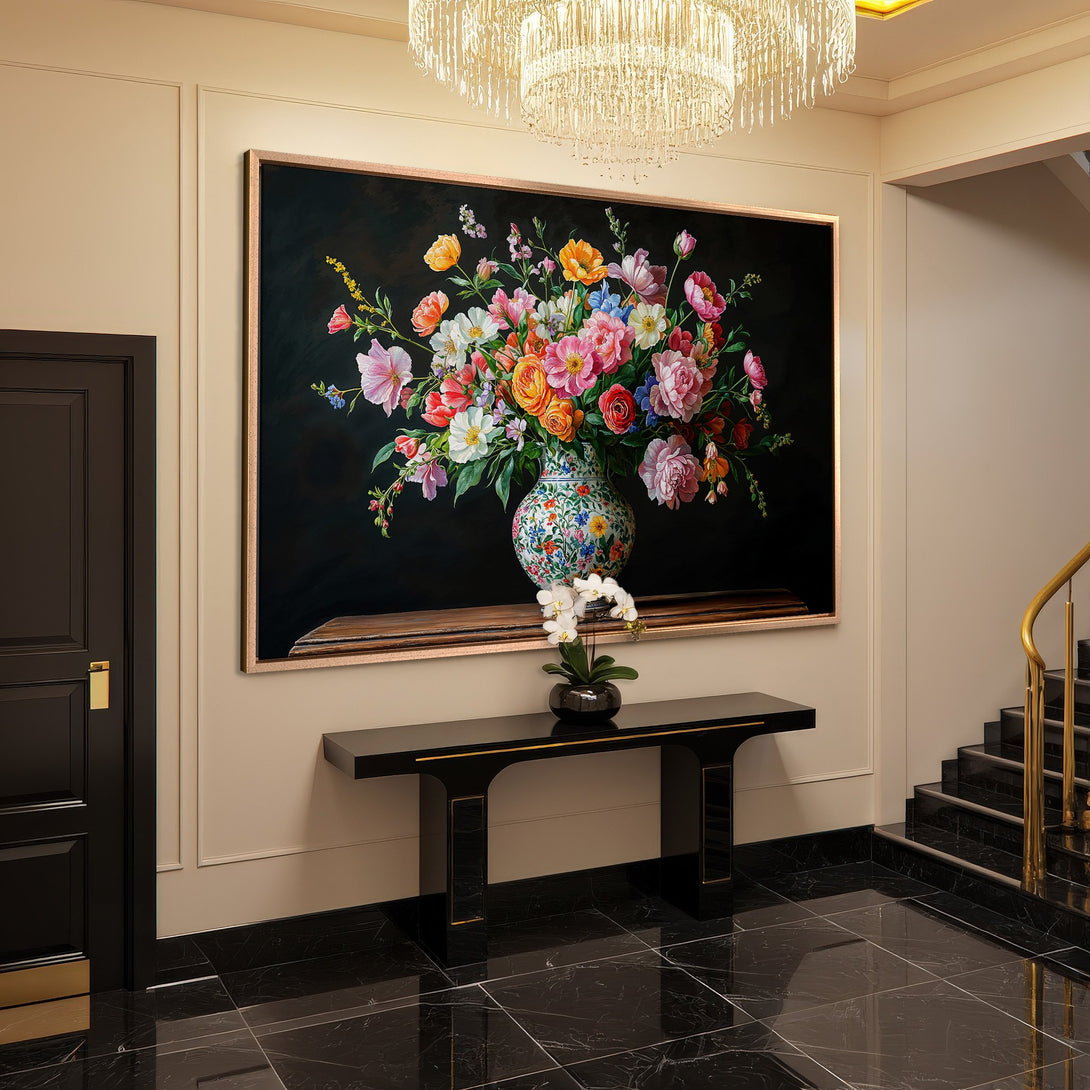 Framed Wall Art featuring a vibrant floral still life in a classic style. Rich colors pop against a dark background, perfect for elegant spaces.