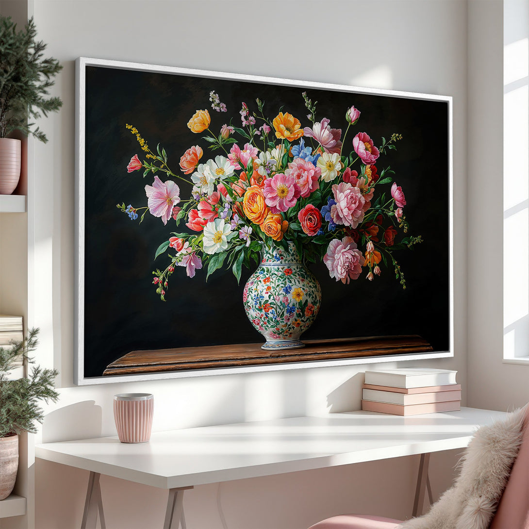 Framed Wall Art: Stunning floral still life Canvas Print with vibrant pink, orange, and white blooms against a dark background. Perfect for elegant home decor.
