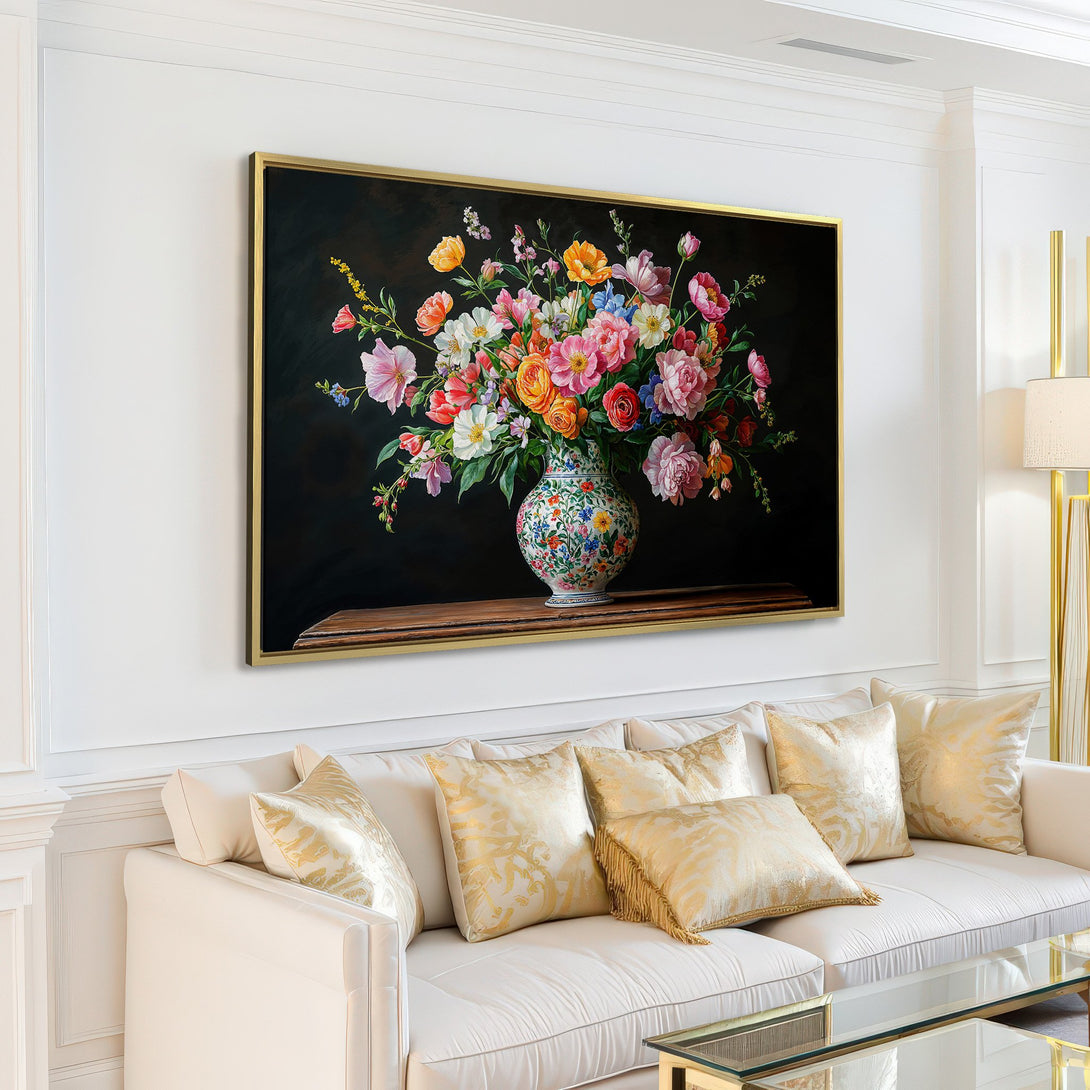 Canvas Print of vibrant floral arrangement in a vase, displayed in a modern living room. Features a rich, colorful palette against a dark background.