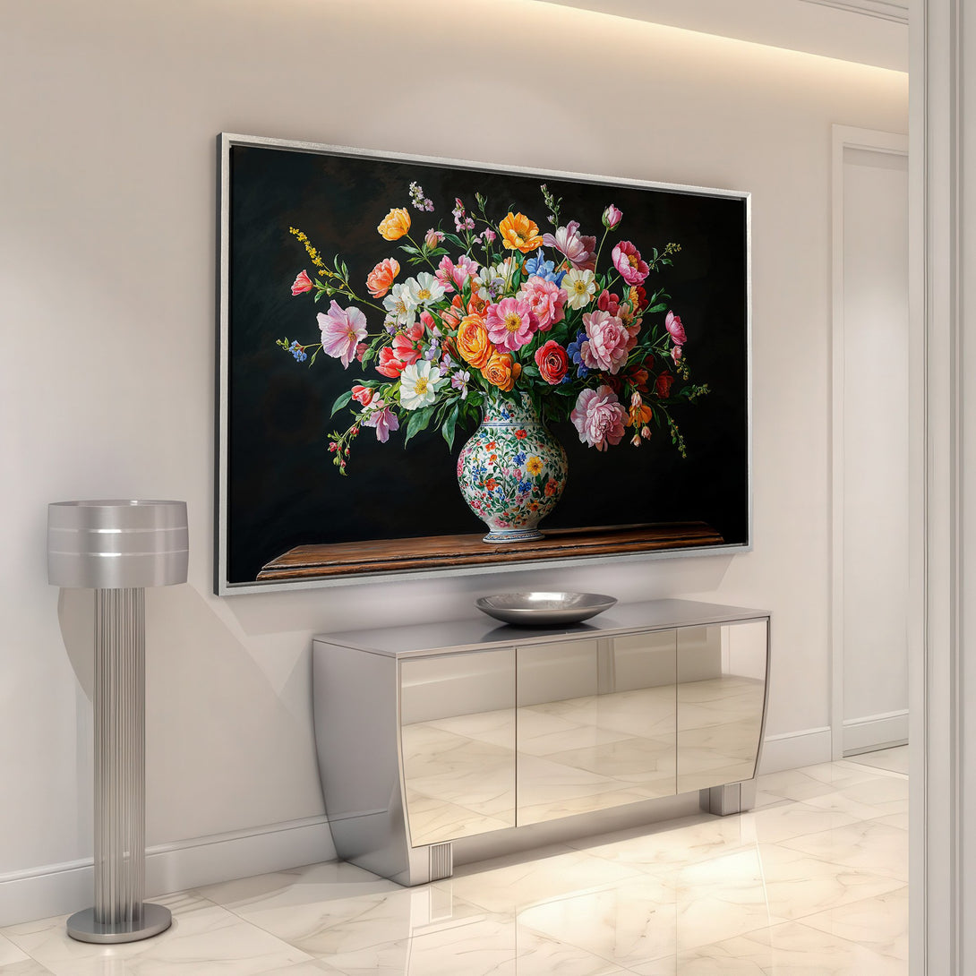 Framed Wall Art: Colorful floral still life Canvas Print with vibrant pink, orange, and yellow blooms against a dark background. Perfect for elegant decor.